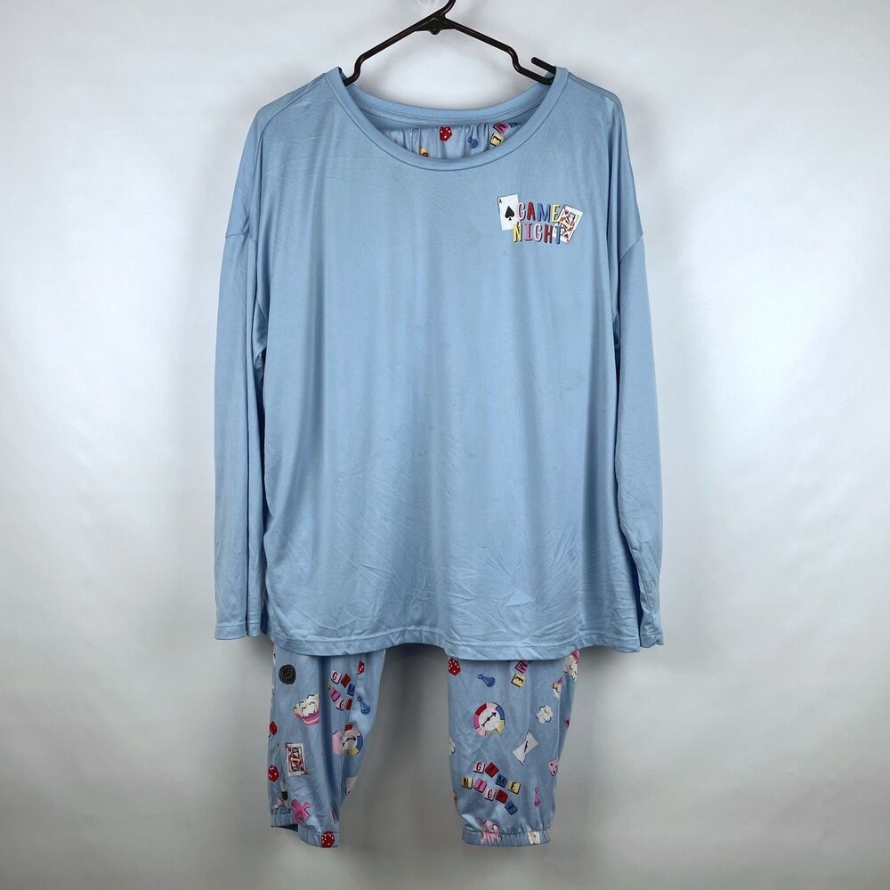 Joyspun Game Night 2pc Pajama Set Women's L 12-14 Blue Loungewear Long Sleeve